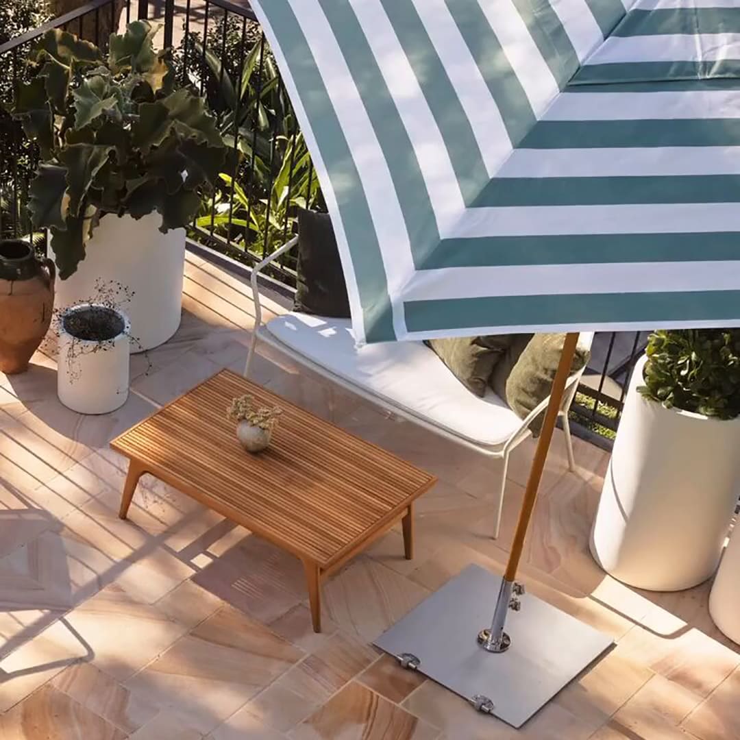 2m Sundial+ Umbrella with timber-look matte finish, durable aluminum frame, and weather-resistant design for outdoors."