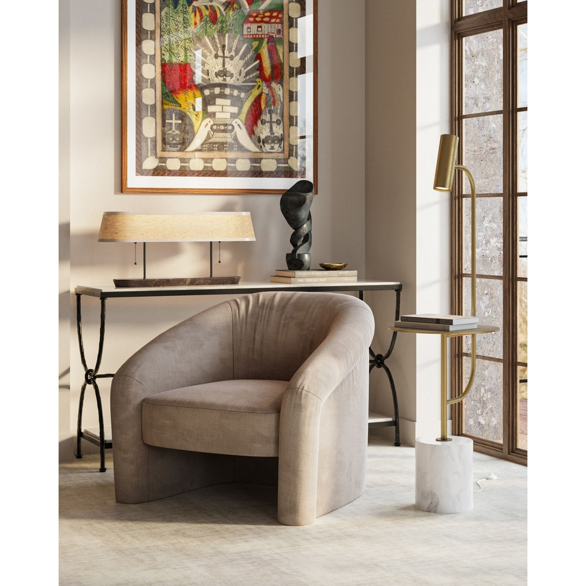 Currey and Company 8000-0173 Eastlin Floor Lamp with Table in Antique Brass/White